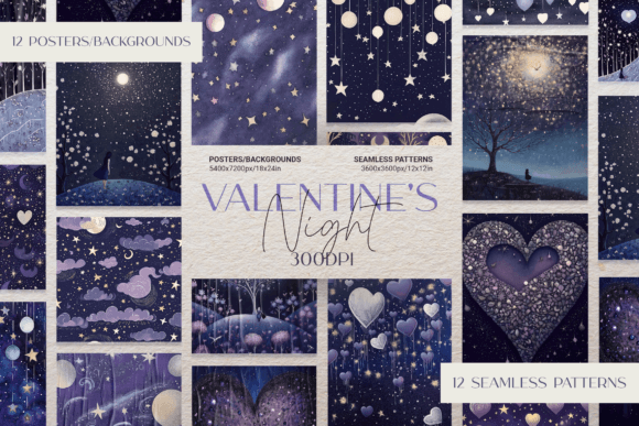 Valentine’s Night Digital Paper Pack: A Celestial Canvas for Love-Themed Creations