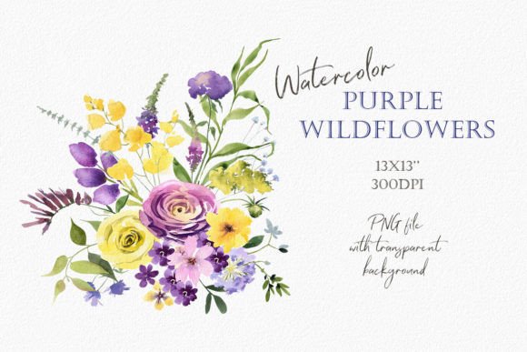 Watercolor Lilac Yellow Flowers Bouquet